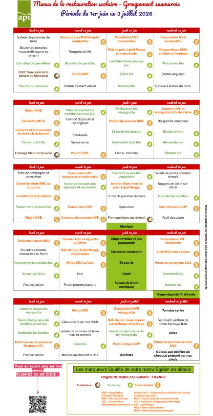 Menu du 1er juin au 3 juillet